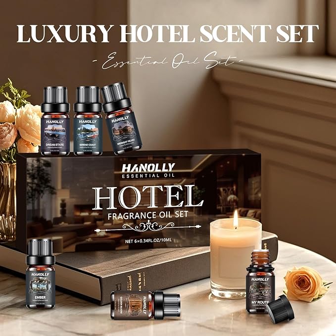 Hotel Diffuser Oils Gift Set - 6x10ML Luxury Hotel Scent Essential Oils Set for Diffuser, Candle Making - Fragrance Oil, My Route, Ember, Dream State, Serene Coast, Midnight Velvet, Golden Bloom