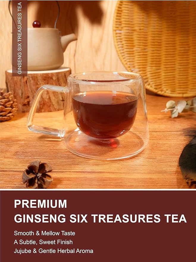 TeeLux Ginseng Six Treasures Tea, Traditional Chinese Herbal Tea Blend with Ginseng, Mulberry, Goji Berry, Yam, 30 Biodegradable Pyramid Bags, Caffeine-Free