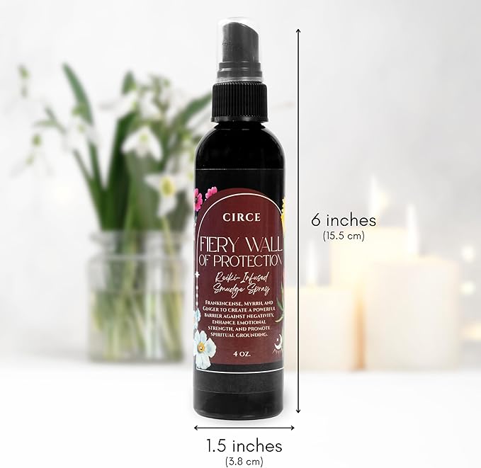 Circe Fiery Wall of Protection Smudge Spray – 100% Natural Smoke Free Alternative for Energetic Protection of Self & Space - Frankincense, Myrrh & Ginger - Negativity Guard, Self Care, Gift - 4oz
