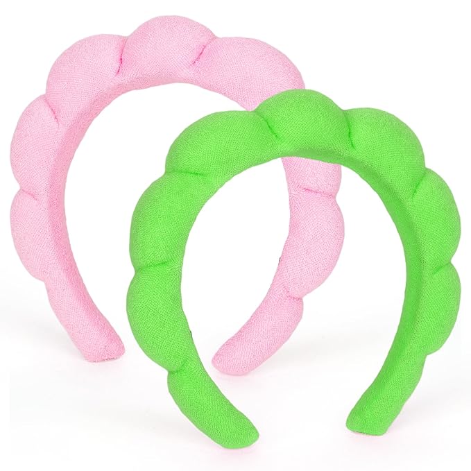 AMCAMI 2 PCS Puffy Spa Headband for Women Sponge Headbands for Girls Terry Towel Cloth Fabric Head Band for Skincare,Makeup Removal,Face Washing,Facial Mask,Shower,Hair Accessories(Green&Light Pink)