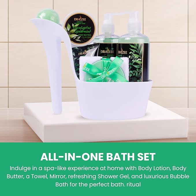 Draizee Luxury Spa Gifts for Women – 8 Pc Eucalyptus Spearmint Bath & Body Set with Bubble Bath, Lotion, Body Butter & More – Self Care Gift Basket for Wife, Mom, Girlfriend