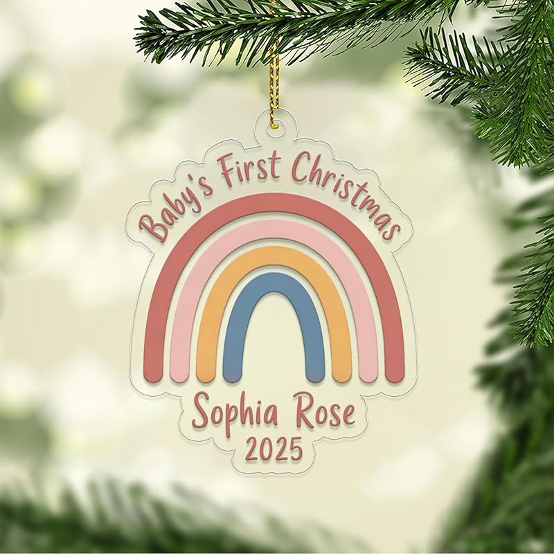 Personalized Rainbow Baby's First Christmas Ornament, Christmas Decor, Baby Coming Next Year Ornament, New Baby Arriving 2025 Acrylic Ornament β Personalized Christmas Tree