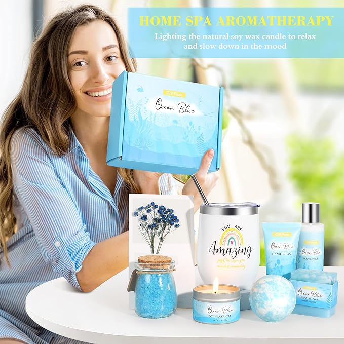 Birthday Gifts for Women, Ocean Scented Relaxing Spa Gift Baskets for Women Mom Her Wife Sister Friends Coworker Employee, Self Care Bath and Body Gift Set for Mother's Day Birthday Inspirational Gift