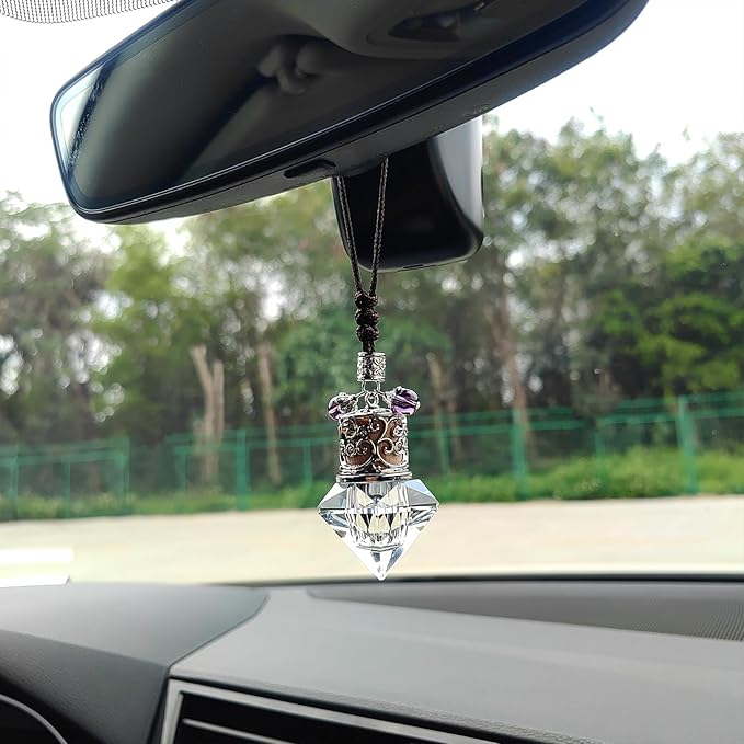 Car Air Freshener Diffuser Hanging Ornament, Diamond-Shaped Empty Crystal Bottle Car Mirror Hanging Accessories, Elegant Bottle Pendant with Wooden Caps Rear View Mirror Accessories