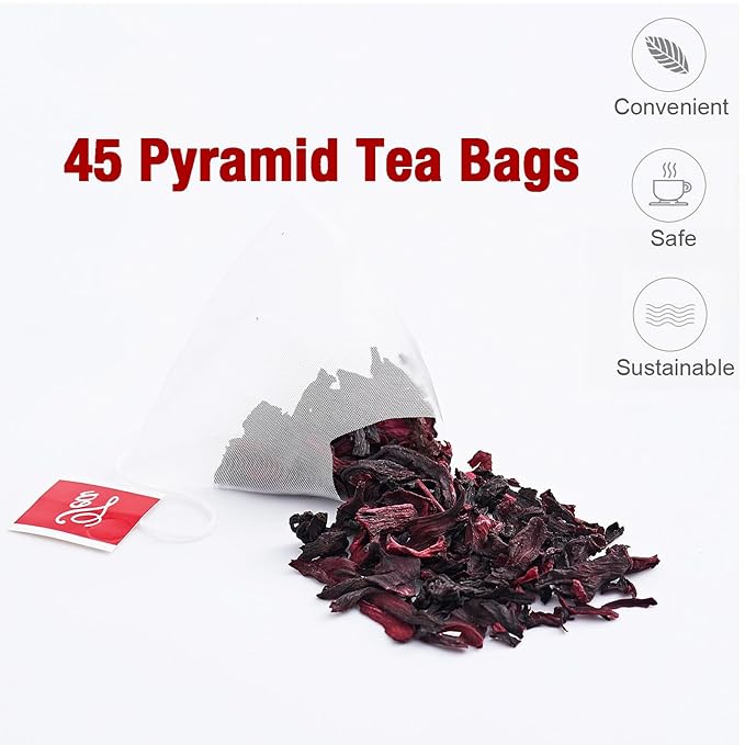 45 Hibiscus Tea Bags - Dried Hibiscus Flower Tea - Natural Edible Herbal Roselle Rosehip Tea (Flor de Jamaica) - Caffeine-Free, Gluten-Free, Non-GMO