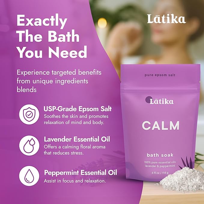Latika Soaks Set of 3 - Calm Bath Soaks with Lavender & Peppermint, Moisturizing Epsom Salt Soak for Stress Relief, Relaxation, and Skin Nourishment, at-Home Spa Retreat Gift
