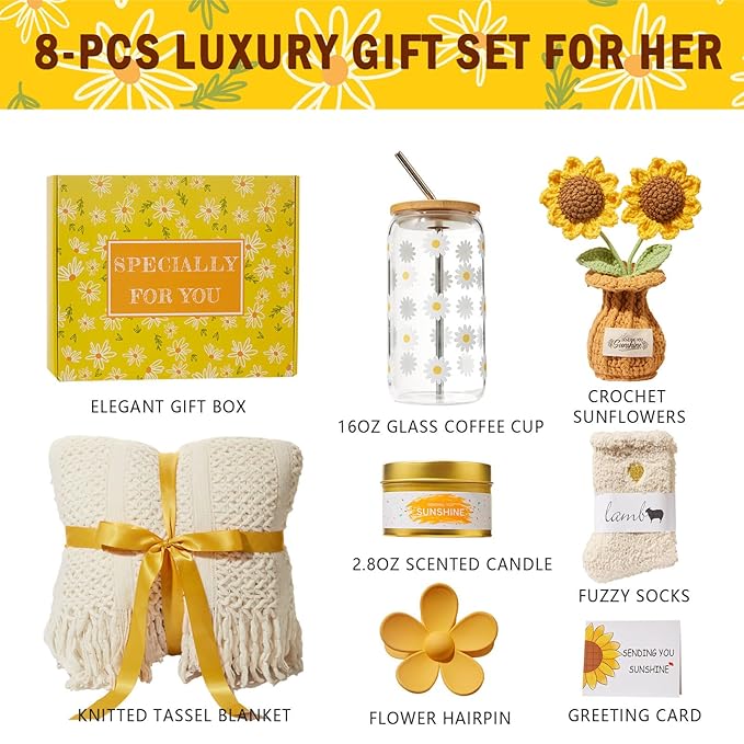 Birthday Gifts for Women, Self Care Get Well Gifts Baskets for Women, Sending Sunshine Sunflower Care Package, Thinking of You Thank You Farewell Inspirational Gift for Her, Friend, Mom, Sister, Wife