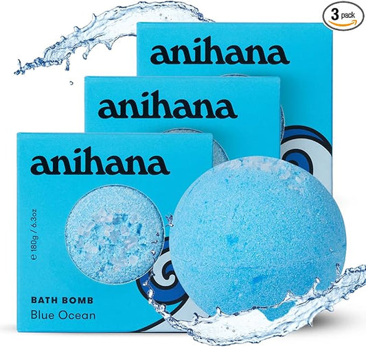 ANIHANA Bath Bombs with Coconut Oil, Paraben Free, Hand-Crafted Luxury Fizzers, Refreshing Blue Ocean Scent, 6.3 oz Each, 3 Pack