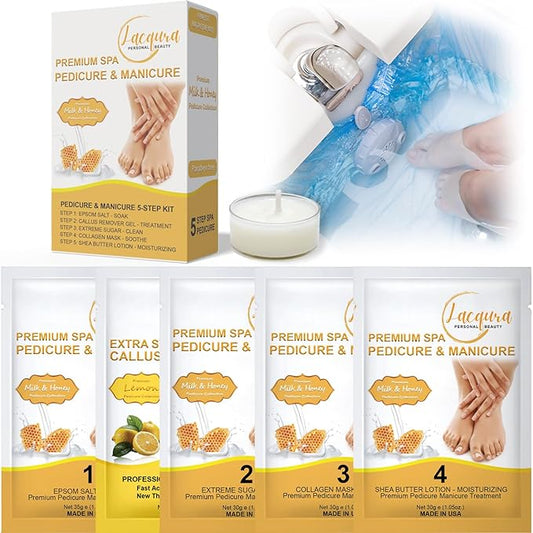 Deluxe Pedicure 6 Step in 1 Box – Epsom Salt, Callus Remover, Extreme Sugar Scrub, Collagen Mask, Massage Oil Candle & Shea Butter Lotion. (Milk & Honey 01 Set)