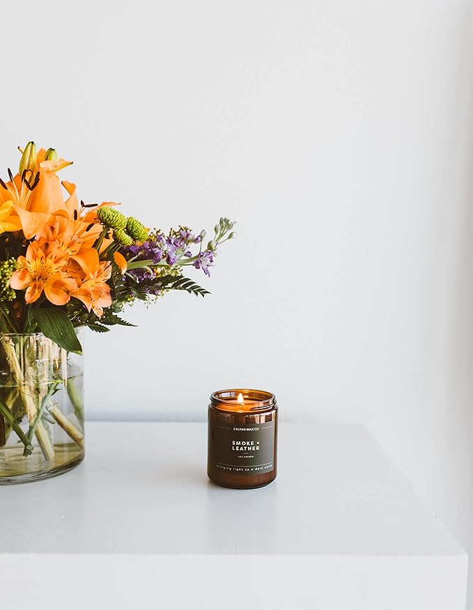 Calyan Wax Co. Soy Wax Candle, Smoke + Leather Scented Candle, 57 Hour Burn Time, Aromatherapy Soy Candles, Non Toxic & Vegan Soy Wax, Amber Glass Jar Scented Candles, 7.2oz