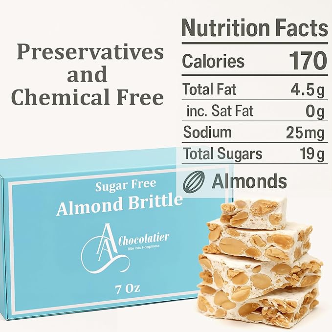 Andy Anand Chocolatier Sugar Free Roasted Almond Soft Nougat Brittle - Made in Europe Gluten Free Diabetic Friendly Nougat Candy, Unforgettable Flavor,Bite With Italian Nougat Brittle (7 Oz)