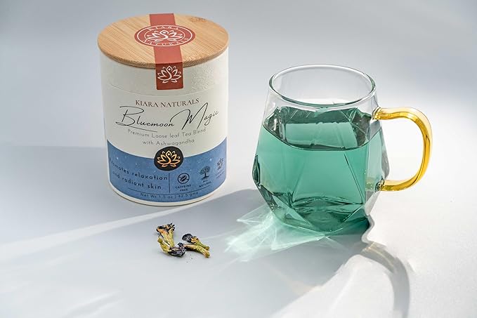 Kiara Naturals Loose Leaf Herbal Tea, BlueMoon Magic - 1 Count, Caffeine Free, Ayurveda-Inspired, Sustainable Packaging, Teal-Blue Infusion, Hot or Iced Tea, Relaxation, Stress Relief, Wellness