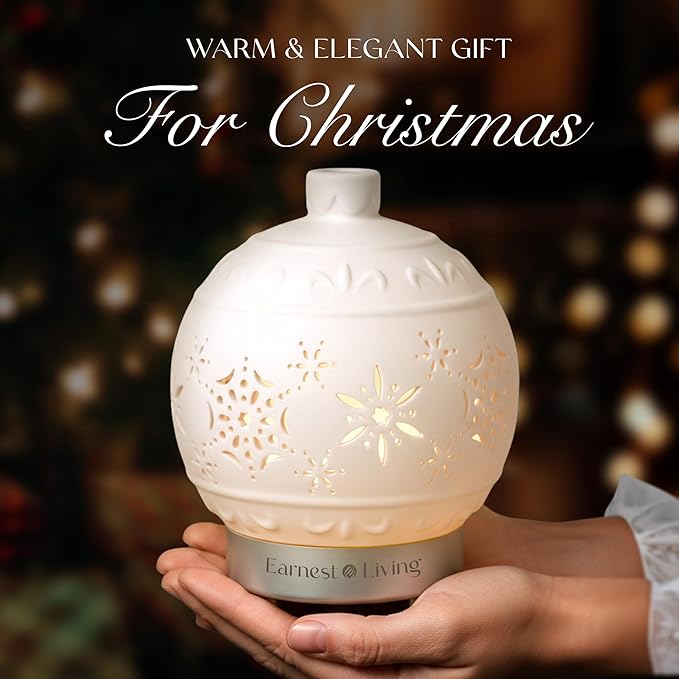 Earnest Living Christmas Ball Essential Oil Diffuser White Ceramic 100 ml Diffuser Home Décor, 7 Color Lights, Timers, Auto Off Cool Mist Humidifier Aromatherapy Diffuser
