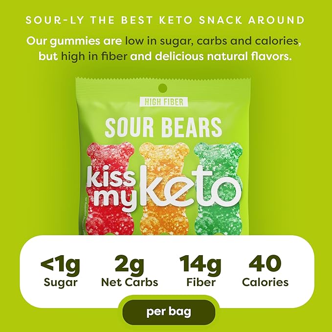 Kiss My Keto Sour Sugar Free Gummy Bears, 8-Pack – Satisfy Cravings while Staying in Ketosis – High Fiber, 6g Net Carbs, Non-GMO, Vegan, & No Gluten – Fruity Sugar Free Gummies