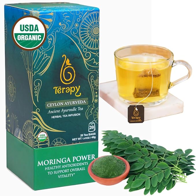 Tรฉrapy Ceylon Organic MORINGA TEA | USDA Organic Herbal Tea Bags| Helps with Vitality & Antioxidants | 100% Natural Ayurvedic Ingredients | 20 Individually Wrapped Tea Bags