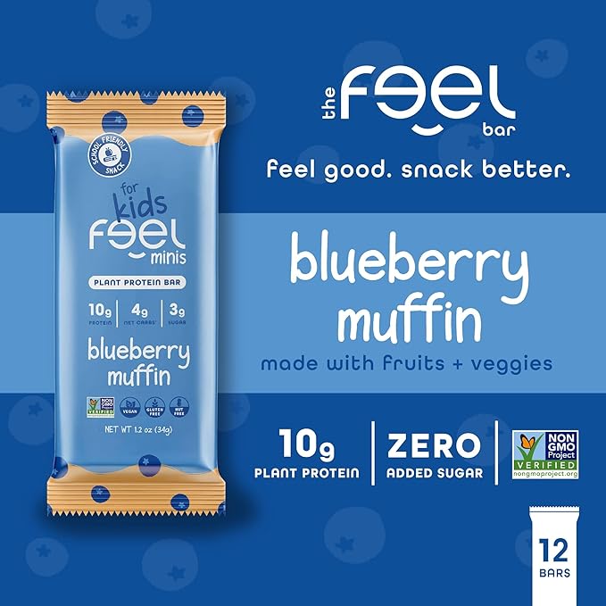 Feel Bar Minis – Kids Protein Bars | Blueberry Muffin | 10g Plant Protein | 100 Calories | No Added Sugar | + Daily Veggies | Gluten Free, No Nuts, No Soy, No Dairy, No Grains (12 Pack)
