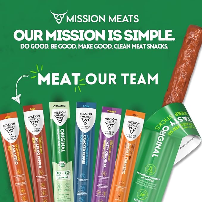 Mission Meats Beef Sticks – 100% Grass Fed & Pasture Raised, Zero Sugar, Gluten Free, Individually Wrapped Healthy Snacks, Whole 30 & Paleo Friendly, Original 1oz (Pack of 24)