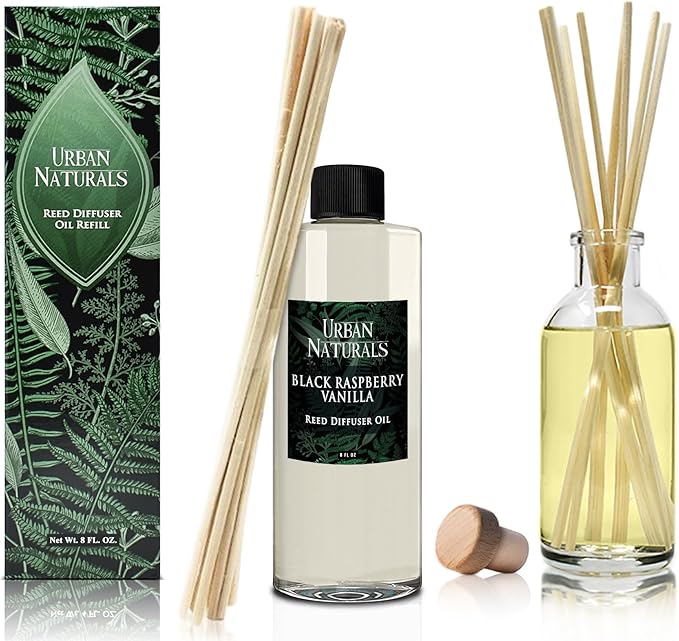 Urban Naturals Reed Diffuser Oil Refill Black Raspberry Vanilla with BlackBerry, Raspberry, Vanilla Orchid, Amber, Sandalwood 8 oz + Free Reed Sticks, Made in The USA