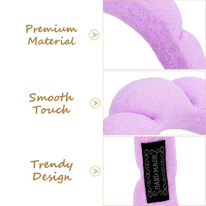 AMCAMI Puffy Spa Headband for Women Sponge Headbands for Girls 2 PCS Terry Towel Cloth Fabric Head Band for Skincare,Makeup Removal,Face Washing,Facial Mask,Shower,Hair Accessories(Purple&Light Pink)