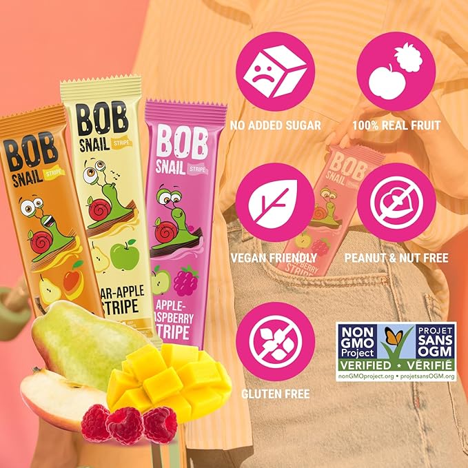 BOB SNAIL Healthy Organic Fruit Snacks for Kids and Adults – 30 Organic Fruit Leather Snacks with Pear-Apple, Raspberry, Mango – Vegan Low-Carb Variety Pack Strips for Kids – Sugar Free Jerky Bars