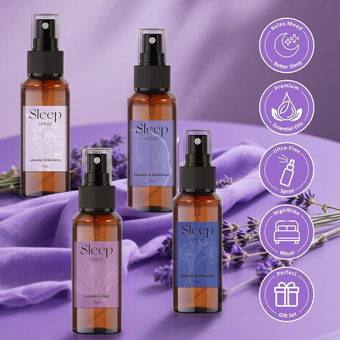STRN Sleep Spray, Relaxing Lavender Essential Oil Mist, Pillow Spray for Deep Sleep, 4 Lavender Scented - Gardenia, Sage, Chamomile, Sandalwood, Sweet Dream & Floral Aroma, 75 ML x 4