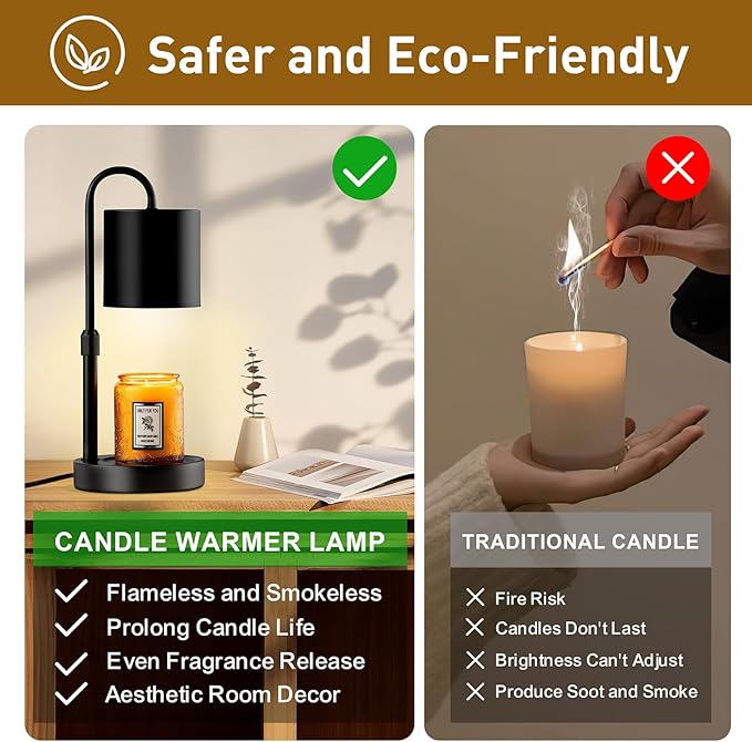 Briever Dimmable Candle Warmer Lamp with Timer, Height Adjustable Electric Candle Wax Warmer, Christmas Birthday Gifts for Women Mom, House Warming Gifts New Home Room Decor, Black Solid Wood Base