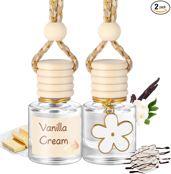 2 Sets Hanging Car Air Freshener and Essential Oil Diffuser, Car Air Freshener Daisy Essential Oil Diffuser Long Lasting Automobile Aromatherapy(White,Vanilla Cream)