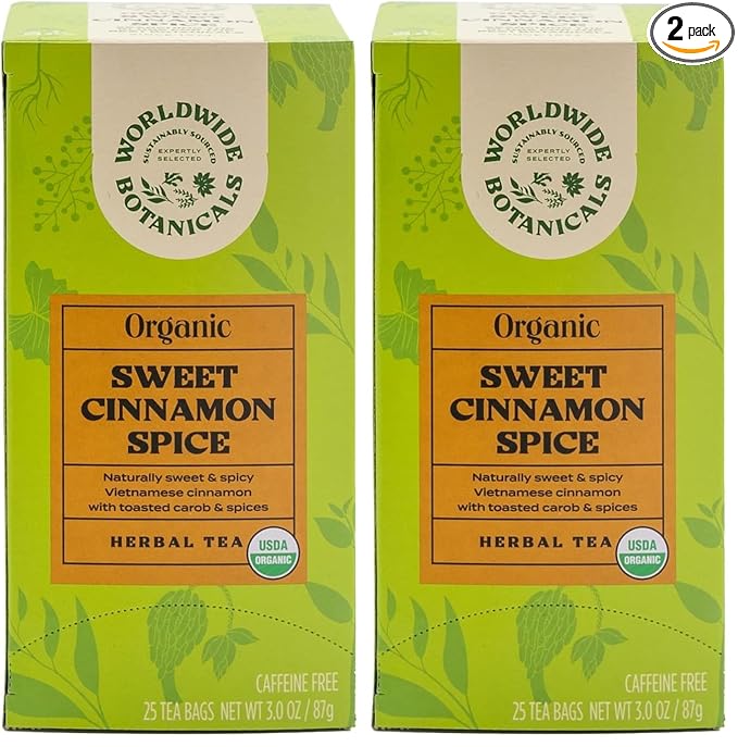 Worldwide Botanicals Sweet Cinnamon Spice Herbal Tea, 25 Tea Bags - Organic, Caffeine Free, Kosher, Naturally Sweet, 50% More Herbs (Pack of 2)