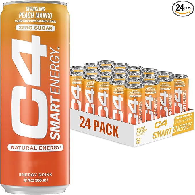 C4 Smart Energy Drink - Sugar Free Performance Fuel & Nootropic Brain Booster, Coffee Substitute or Alternative | Peach Mango Nectar 12 Oz - 24 Pack