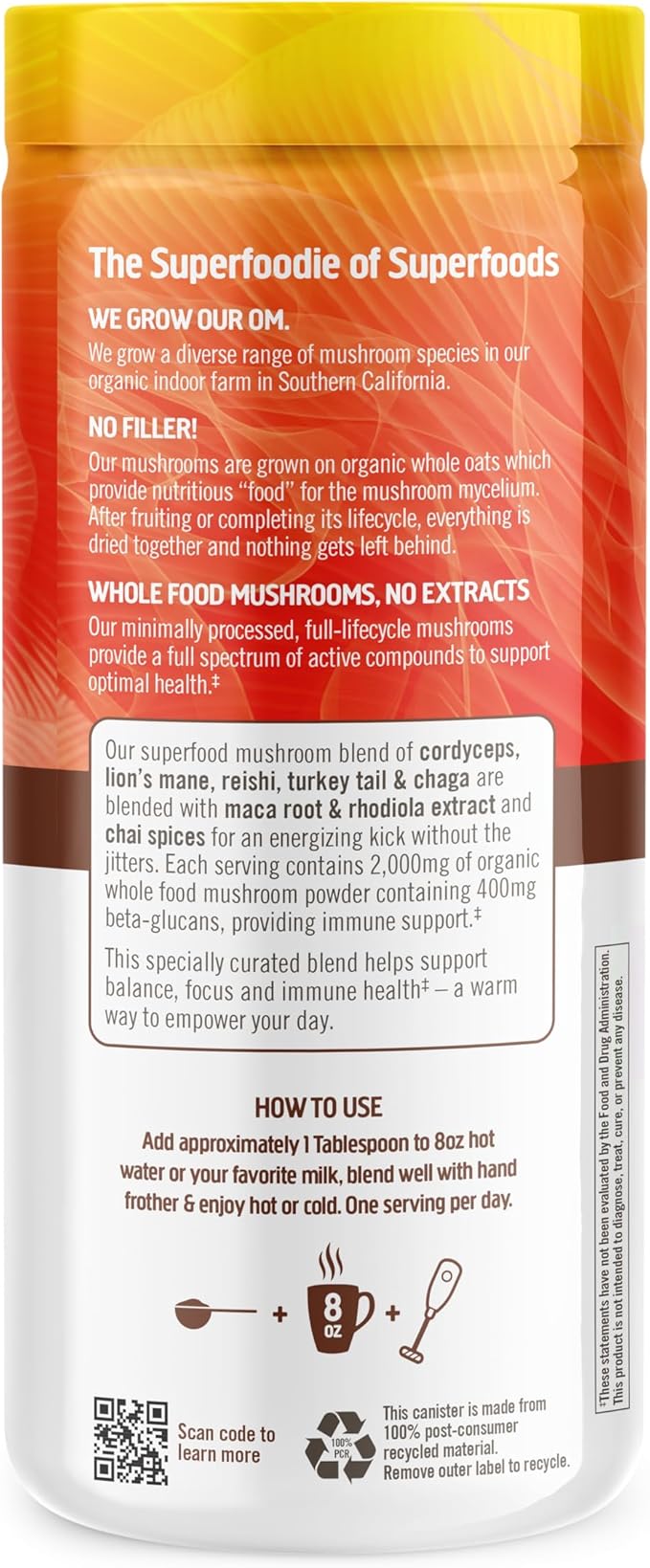 OM MUSHROOM SUPERFOOD Morning Energy Blend Mushroom Powder Drink, 8.47 Ounce Canister, Coffee Free Energy Drink with Cordyceps, Vitamin D2, Agaricus Bisporus, Lion's Mane, Rhodiola, and Turkey Tail