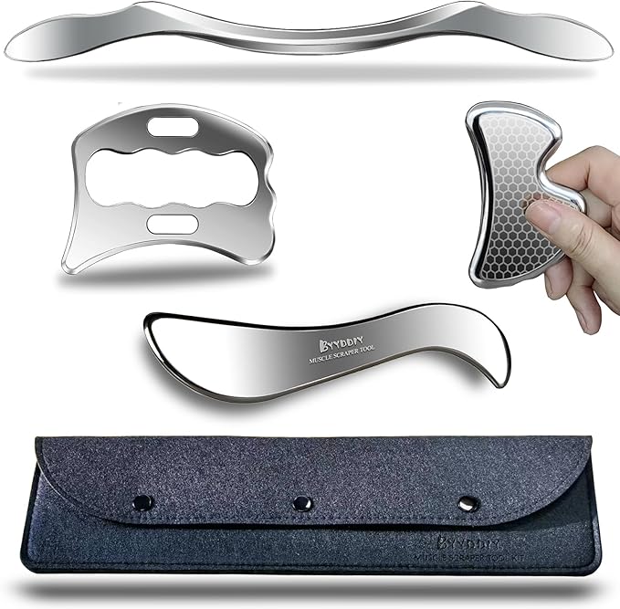 BYYDDIY Stainless Steel Gua Sha Muscle Scraper Scraping Massage Tool Kit,IASTM Tools, Great Soft Tissue Physical Therapy Used for Back, Legs, Arms,Neck (L-SD2B)