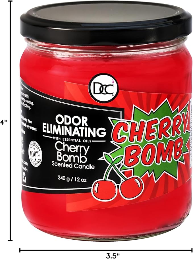 Cherry Bomb Odor Eliminating Highly Fragranced Candle - Eliminates 95% of Pet, Smoke, Food, and Other Smells Quickly - Up to 80 Hour Burn time - 12 Ounce Premium Soy Blend