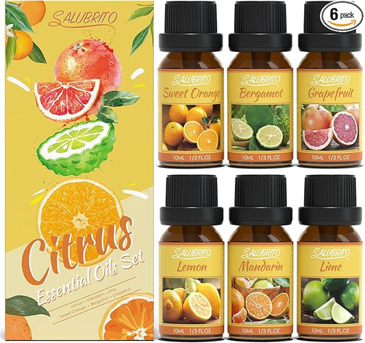 Salubrito Citrus Essential Oils Set for Diffuser, Fragrance Oil | Sweet Orange, Bergamot, Lemon, Grapefruit, Mandarin Orange, Lime Scented Oil for Soap Making, Candle Making