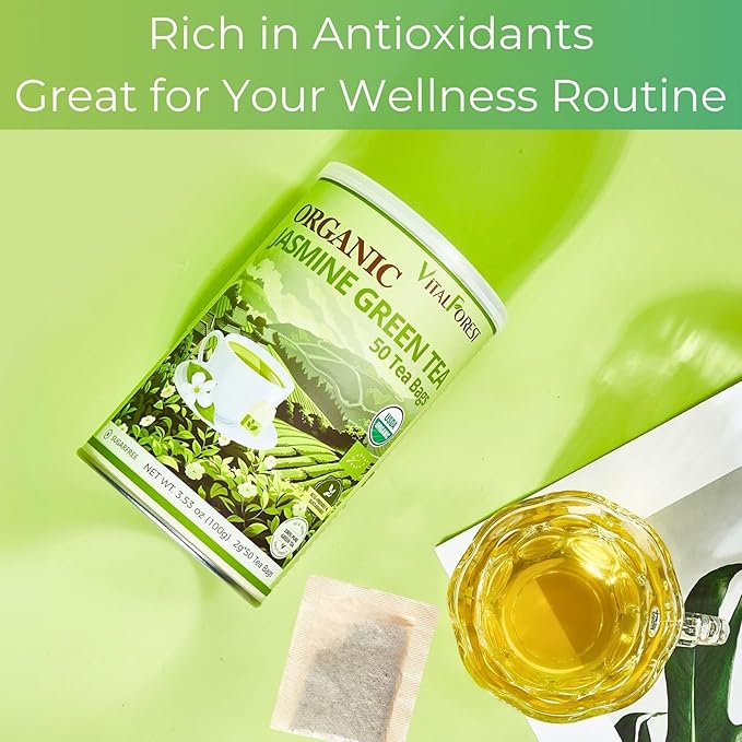 Organic Jasmine Green Tea Bags| 50 Count Unbleached ECO-Conscious Jasmine Tea Bags| VitalForest Te Verde Organico Natural Green Tea Loose Leaf| Canister Pack for Freshness