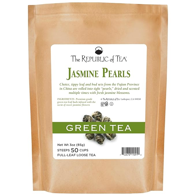 The Republic of Tea Jasmine Pearls Full-Leaf Loose Green Tea | 3.0 Ounce Refill Bag | Steeps 50 Cups