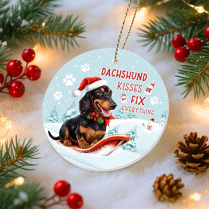 34HD Dachshund Skiing Gifts for Christmas, Dachshund Kisses Fix Everything Christmas Ornament for Tree 2025 Ceramic 2-Side Printed, Dog Lover Gifts for Men Women