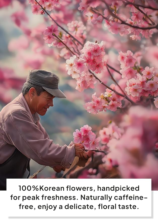 Korean Food, KKOKDAM Original Cherry Blossom Flower Tea, Decaf Floral Blend, Fully Natural Flowers, No Caffeine, Sugar Free, Zero Calories, Made in Korea, 10g