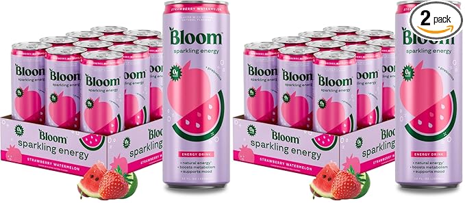 Bloom Nutrition Sparkling Energy Drink - Natural Caffeine, Zero Sugar, 180mg Caffeine - Antioxidant-Rich with Green Coffee Bean, Green Tea Extract, Prebiotics - Strawberry Watermelon - 12oz 24 Pack