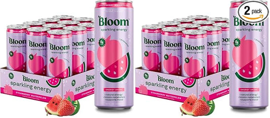 Bloom Nutrition Sparkling Energy Drink - Natural Caffeine, Zero Sugar, 180mg Caffeine - Antioxidant-Rich with Green Coffee Bean, Green Tea Extract, Prebiotics - Strawberry Watermelon - 12oz 24 Pack