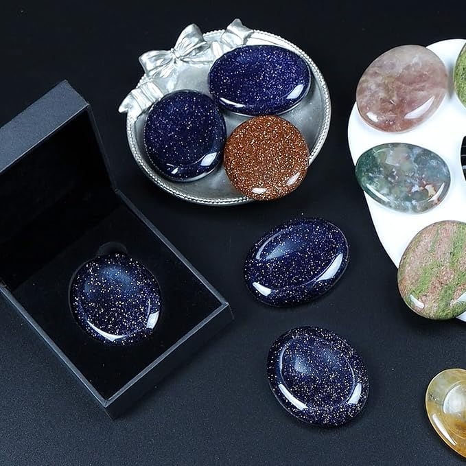 2" Worry Stone Blue Sand Crystal Palm Stones, Healing Goldstone Crystals for Anxiety Meditation, Turmalina Negra Thumb Stone Anxiety Relief Items Gift
