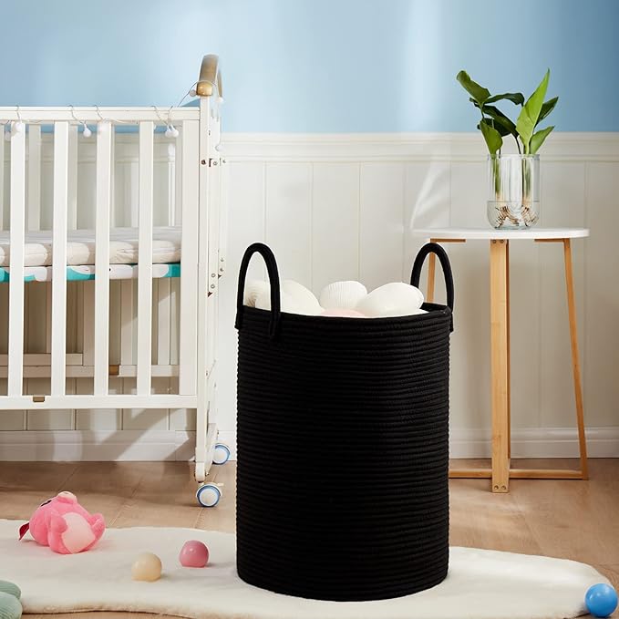 72L Large Woven Laundry Hamper by Fiona's magic, Tall Cotton Rope Storage Basket, Jute Baby Nursery Hamper for Blankets, Toys and Clothes in Bedroom and Living Room Organizing, Black