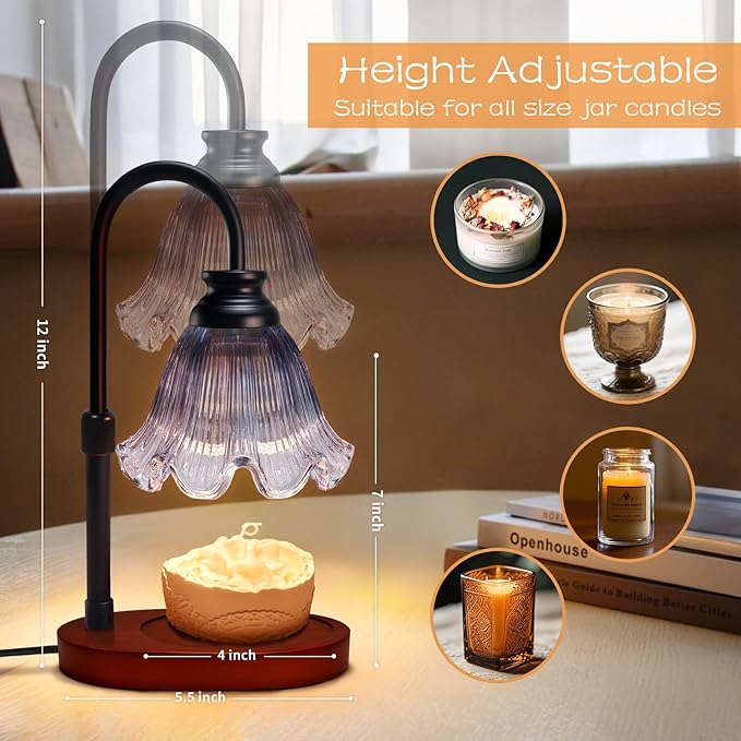 Flower Candle Warmer Lamp with Timer: Birthday Gifts for Women Mom, House Warming Gifts New Home Decor, Dimmable Candle Warmer for Jar Candles, Height Adjustable Wax Melts Warmer (Gray)