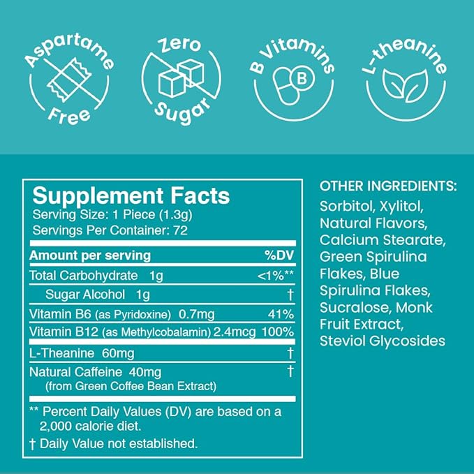 Neuro Energy Caffeine Mints (72 Pieces) - Sugar Free with L-theanine + Natural Caffeine + Vitamin B12 & B6 - Nootropic Energy & Focus Supplement for Women & Men - Keto & Vegan, Wintergreen Flavor