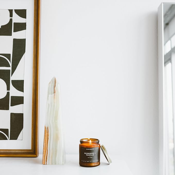 Calyan Wax Co. Soy Wax Candle, Redwood + Vanilla Scented Candle, 57 Hour Burn Time, Aromatherapy Soy Candles, Non Toxic & Vegan Soy Wax, Amber Glass Jar Scented Candles, 7.2oz