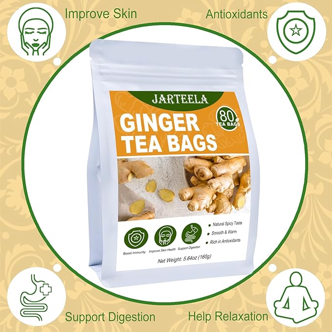 Jarteela - Ginger Tea Bags, 2g x 80 Count - Natural Ginger Root Tea Bags - Non-GMO - Caffeine-free - Soothing & Spicy - Aids Digestion