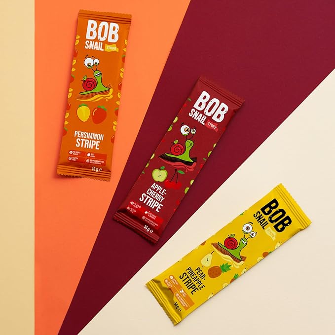 BOB SNAIL Healthy Organic Fruit Snacks for Kids and Adults – 30 Organic Fruit Leather Snacks with Persimmon, Pear-Pineapple,Cherry – Vegan Low-Carb Variety Pack Strips for Kids – Sugar Free Jerky Bars