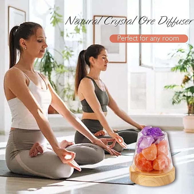Runyangshi Healing Crystal Night Light Natural Himalayan Salt & Amethyst Raw Stones Aroma Diffuser USB Powered 3 Colour Adjustable Bedside Lamp for Bedroom Living Room Yoga Meditation Home Decor Gift