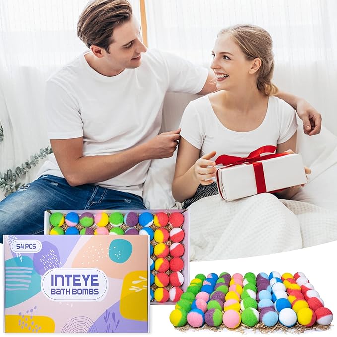 INTEYE Luxury Bath Bombs Gift Set - 54pc Skin-Nourishing Mineral Bath Salts with Natural Essential Oils & 9 Aromas | Spa-Qualit Self-Care for Women, Men, Kids (Eco-Friendly Packaging)