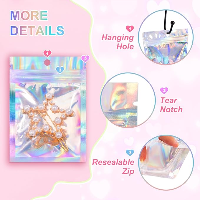 ANZNKU 100 Pack Mylar Bags Reasealable Holographic Bags, Smell Proof Bag Zipper Pouches with Clear Window, Jewelry Candy Sealable Bag for Packaging Sample Party Favor (2.4 x 3.9 Inch)