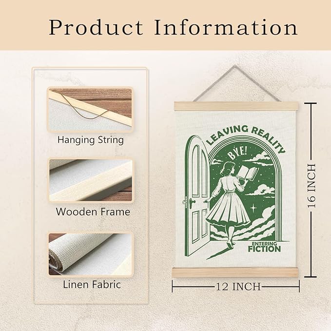 Exqcom Retro Green Funny Reading Wall Art Poster, Reading Nook Decor, Book Club Decorations, Leaving Reality Entering Fiction Humorous Posters for Book Nook Room Library Classroom, 12x16 Inches